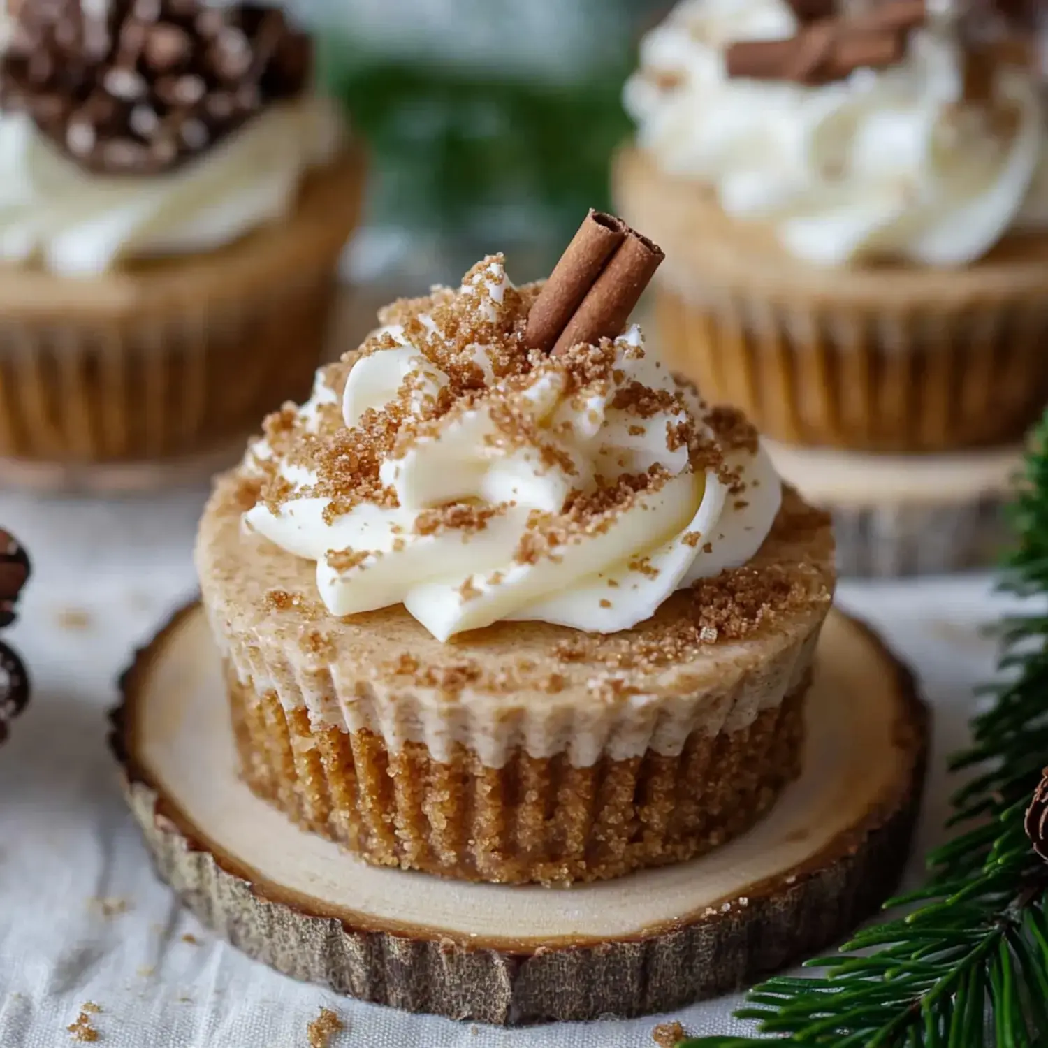 A close-up of a cupcake topped with whipped frosting, brown sugar, and two cinnamon sticks, surrounded by festive decorations.