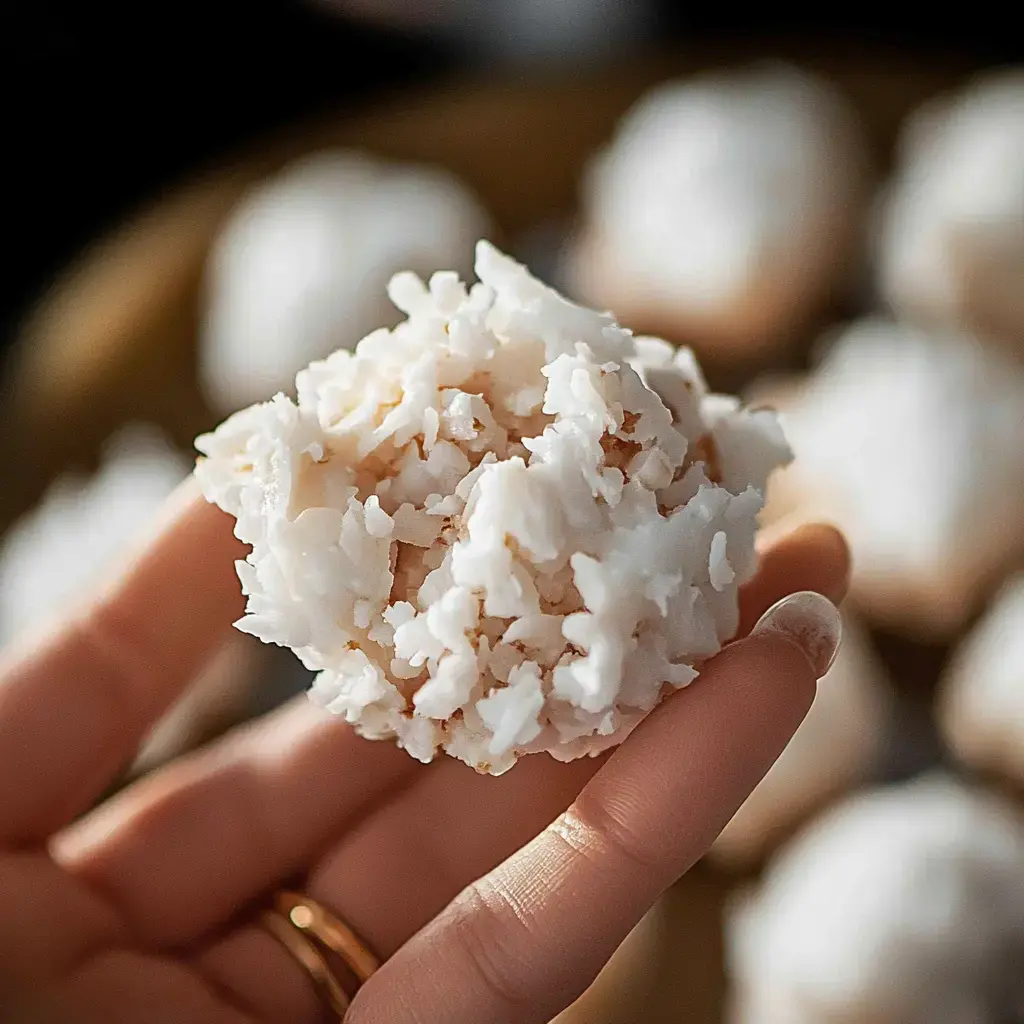 A hand holds a fluffy, coconut-covered treat with a blurred background of similar snacks.