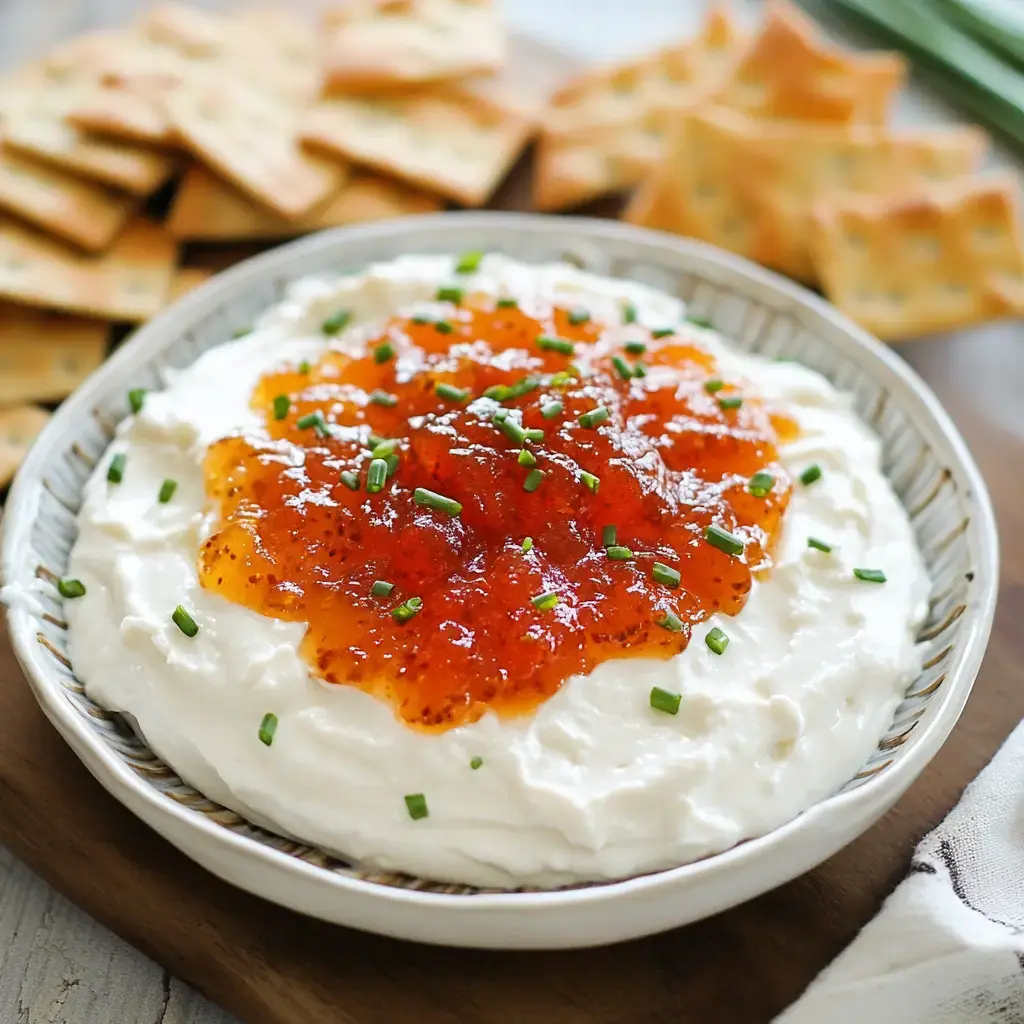 A bowl of creamy white dip topped with orange jelly and green chives, accompanied by crispy crackers in the background.