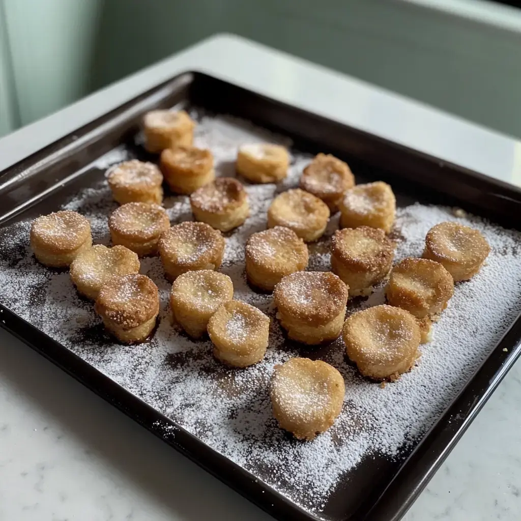 A tray of small, round, golden-brown pastries dusted with powdered sugar.