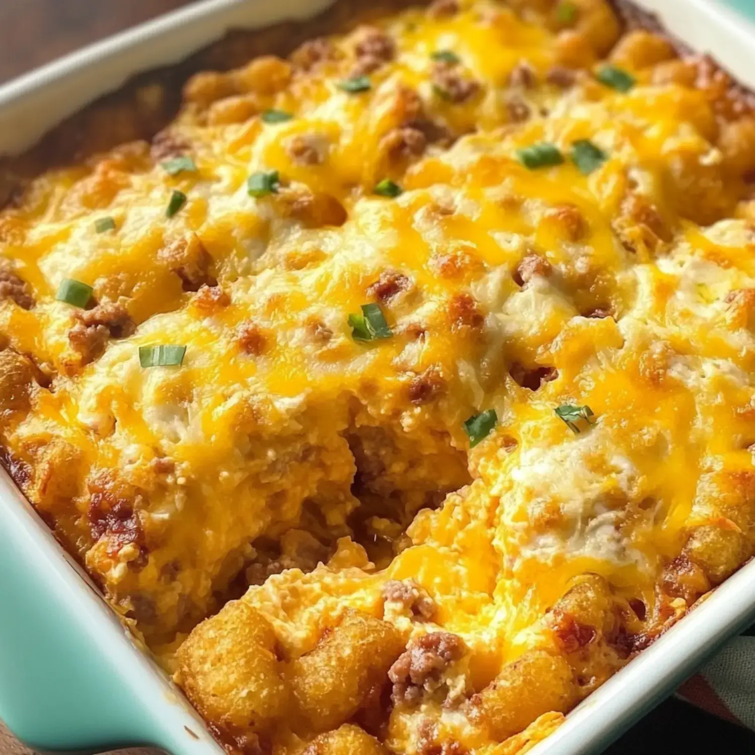 A close-up of a cheesy casserole topped with golden tater tots and green onions, showing a portion that has been served from the dish.