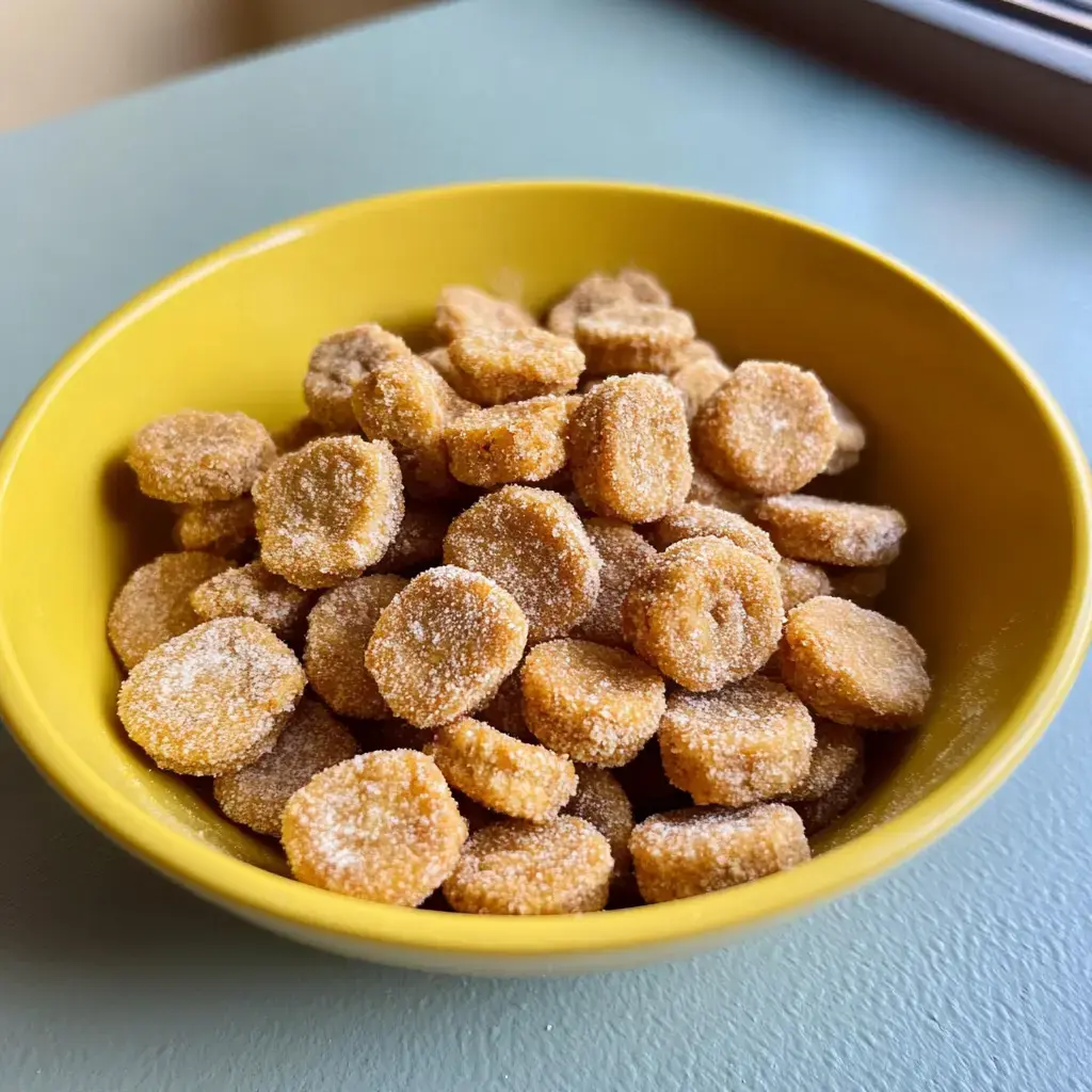 A close-up view of a yellow bowl filled with small, round, sugared candies.