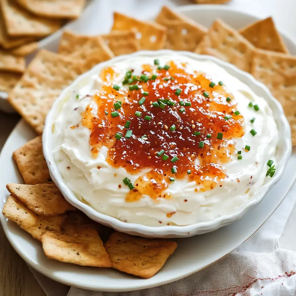 A bowl of creamy dip topped with orange jam and chopped chives, surrounded by crispy crackers.