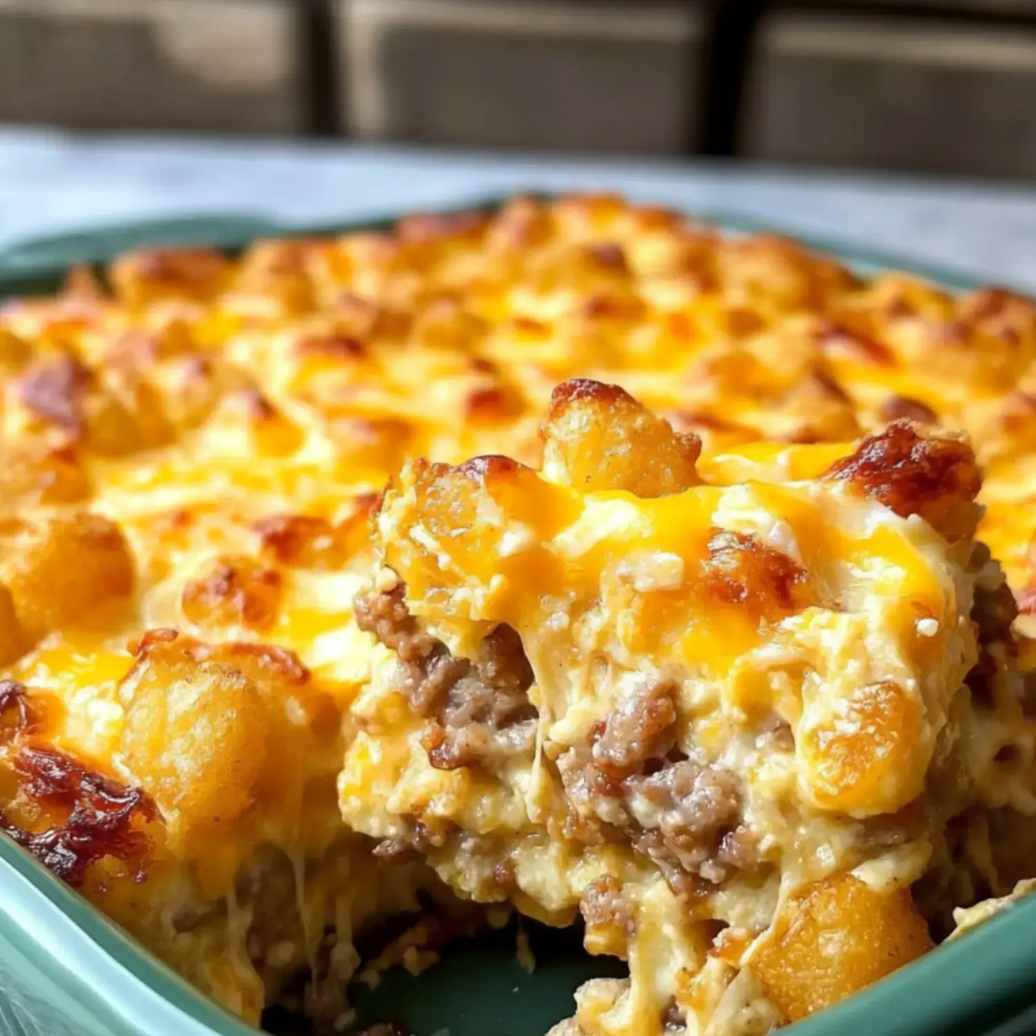 A hearty casserole with golden-brown cheese and crispy tater tots layered with ground meat and creamy filling.