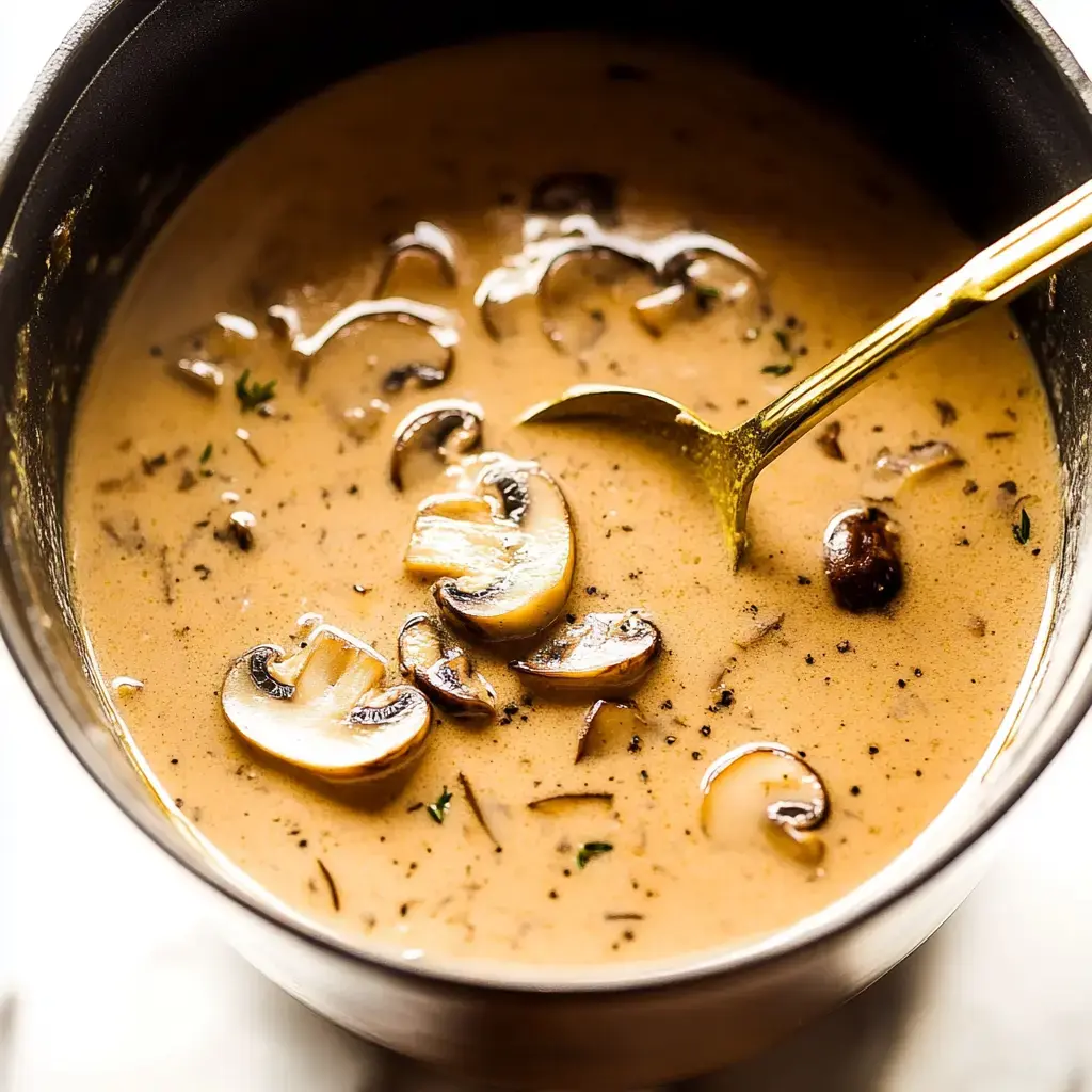 A pot of creamy mushroom soup with sliced mushrooms and a golden spoon stirring it.