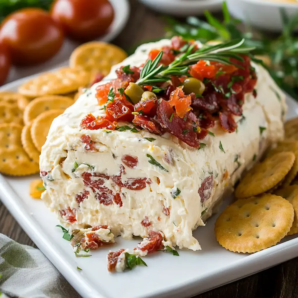 A log-shaped cheese spread topped with diced tomatoes and herbs, served with round crackers on a white platter.