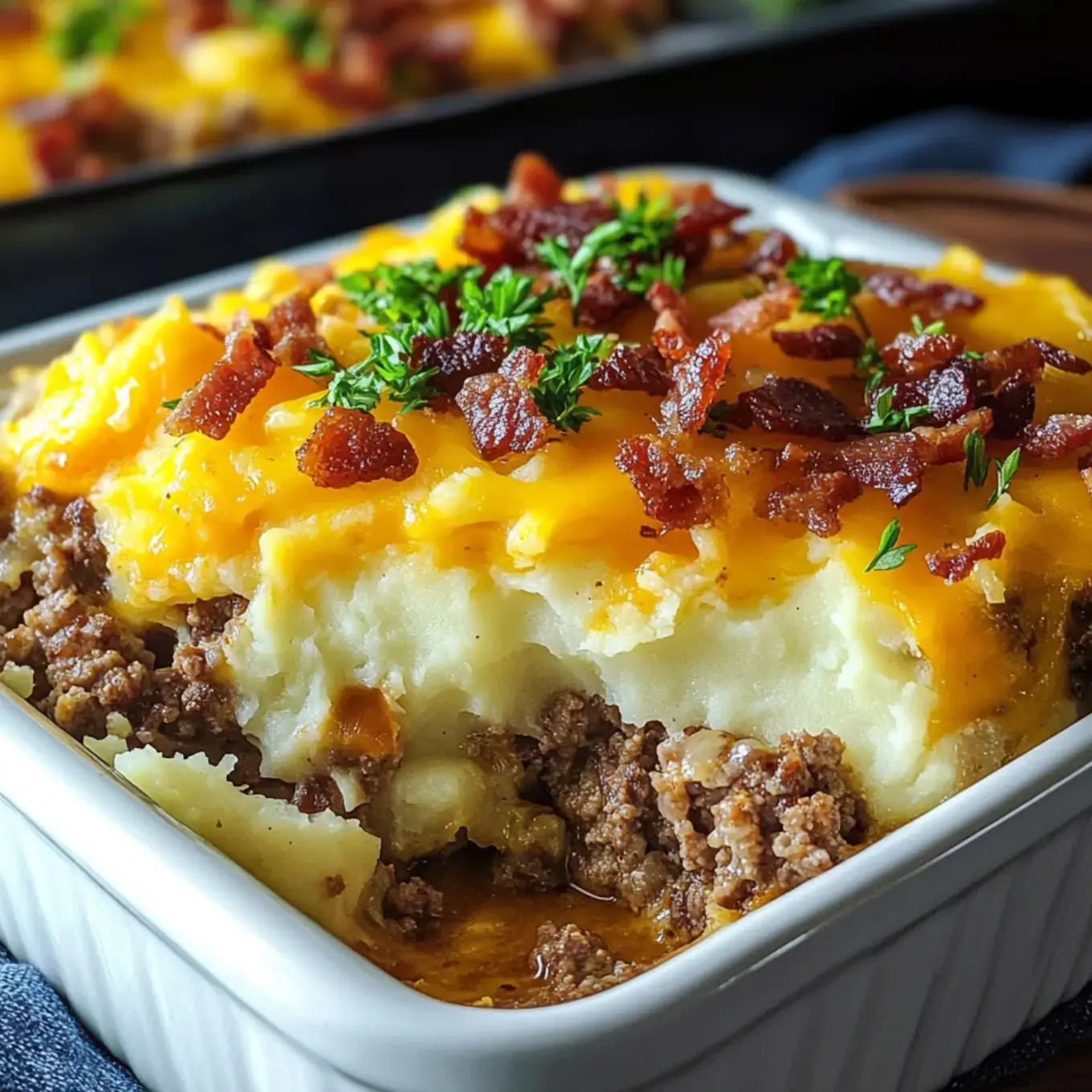 A serving of hearty shepherd's pie topped with melted cheddar cheese, crispy bacon bits, and fresh herbs.