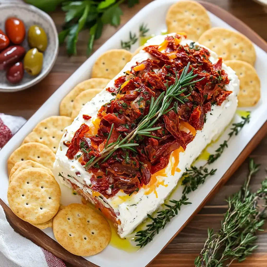 A plate of a creamy cheese log topped with sun-dried tomatoes and herbs, surrounded by round crackers and olives.