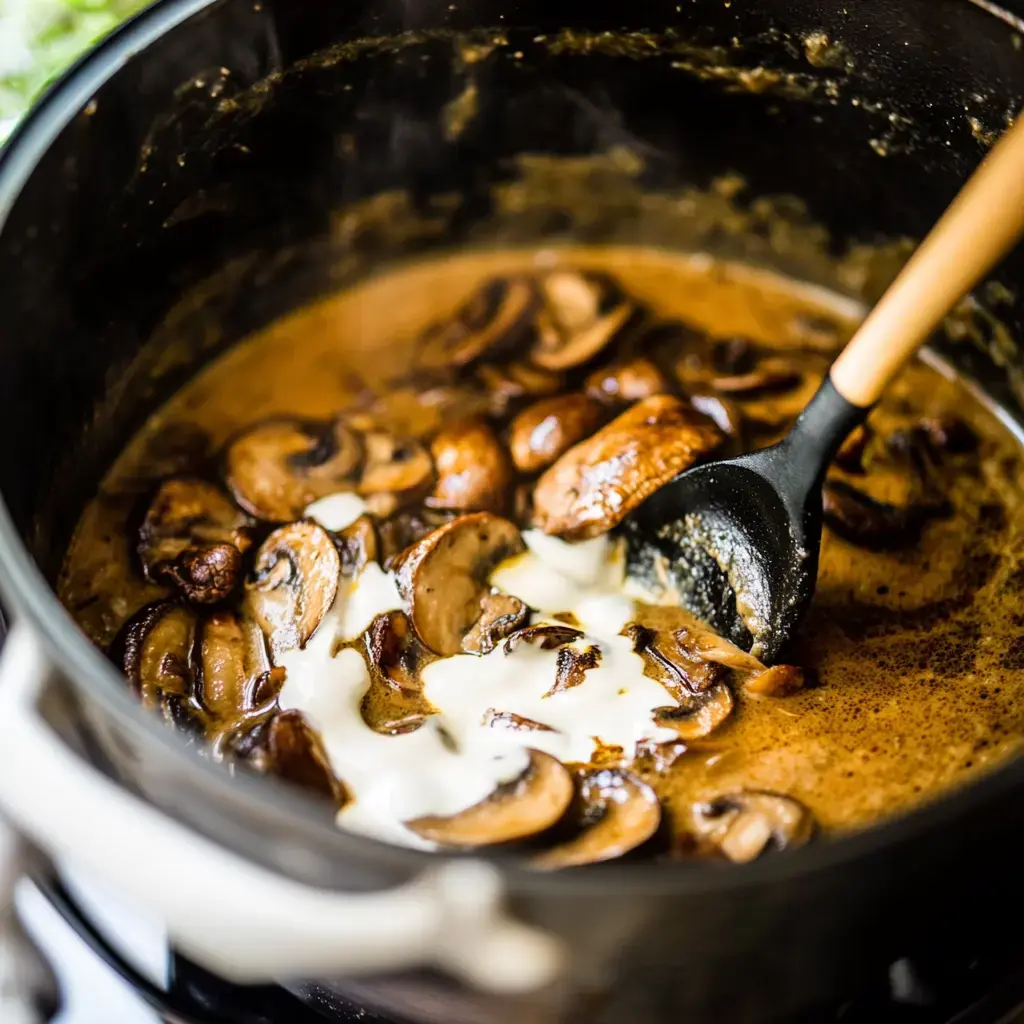 A pot of creamy mushroom sauce is being stirred, showcasing sliced mushrooms in a rich brown liquid.