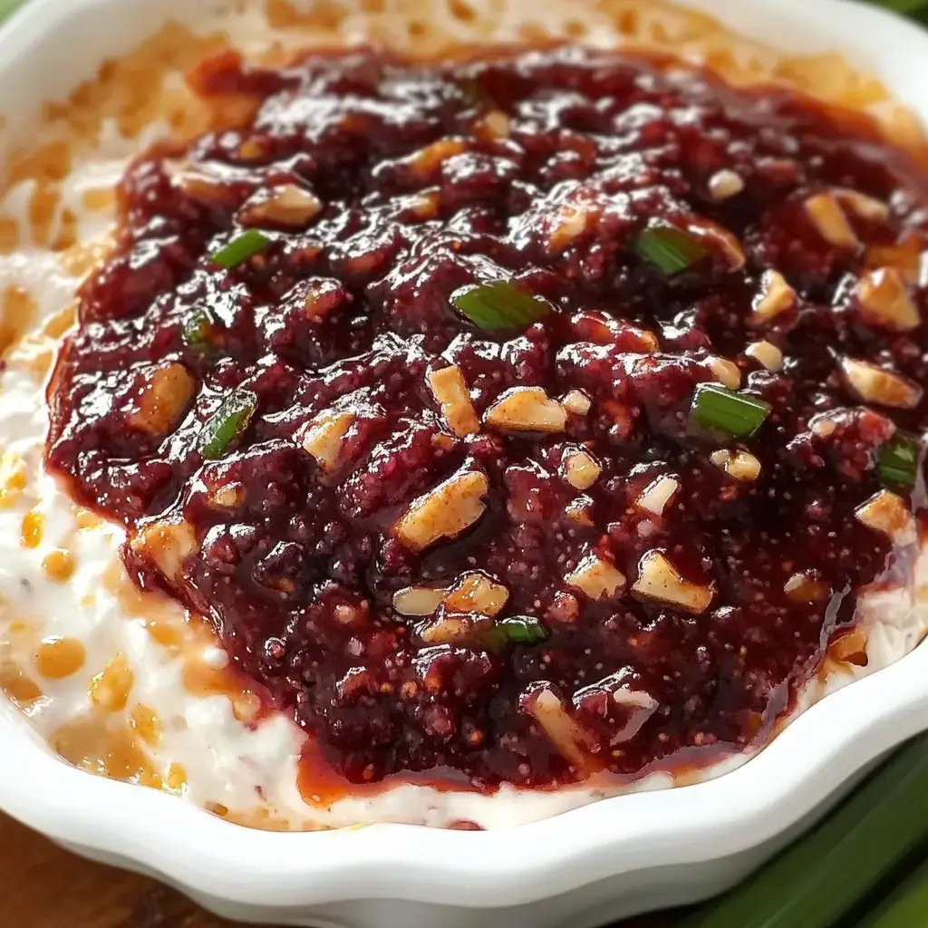 A creamy white dip topped with a rich berry compote and chopped nuts, served in a round dish.