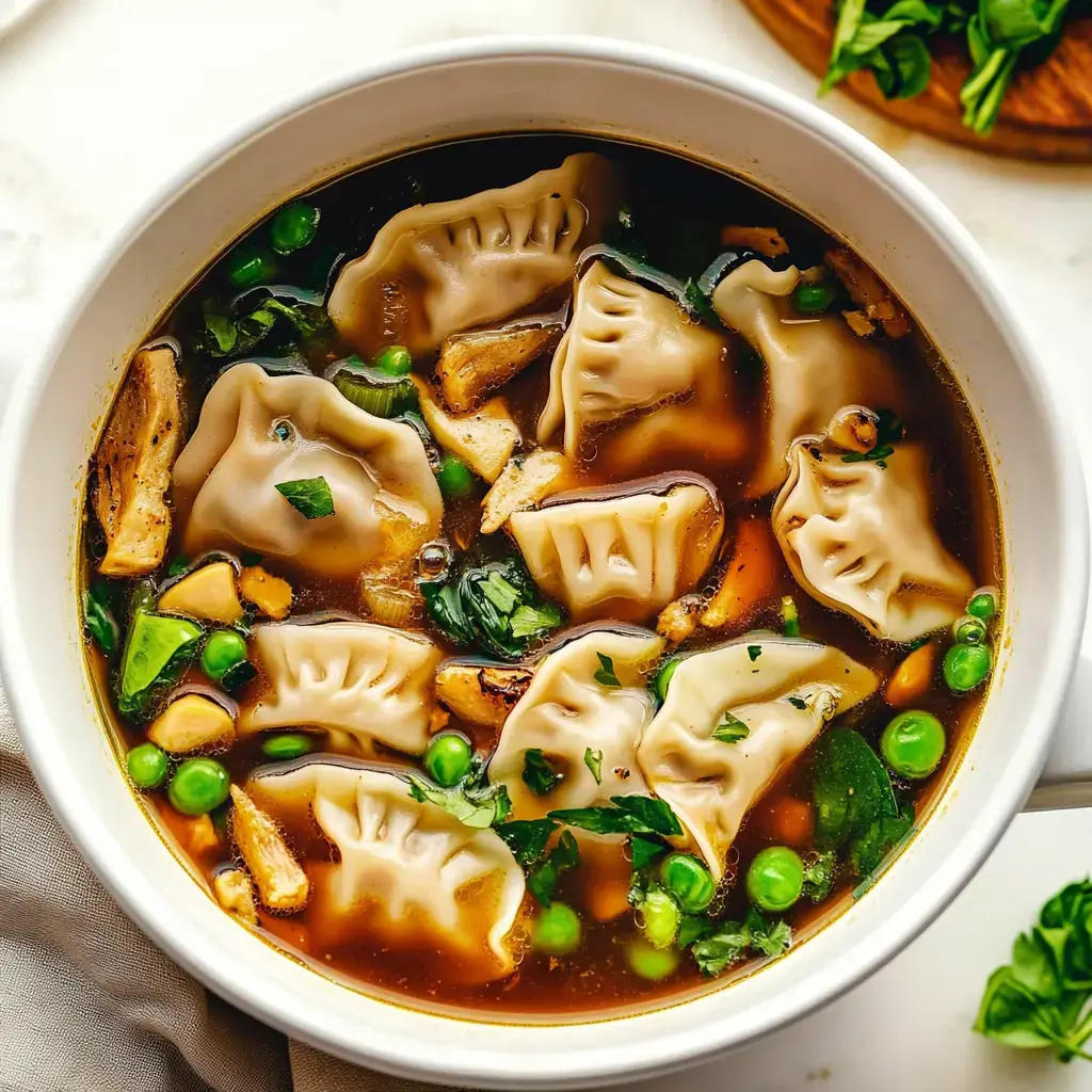 A bowl of soup filled with dumplings, mushrooms, green peas, and herbs in a savory broth.