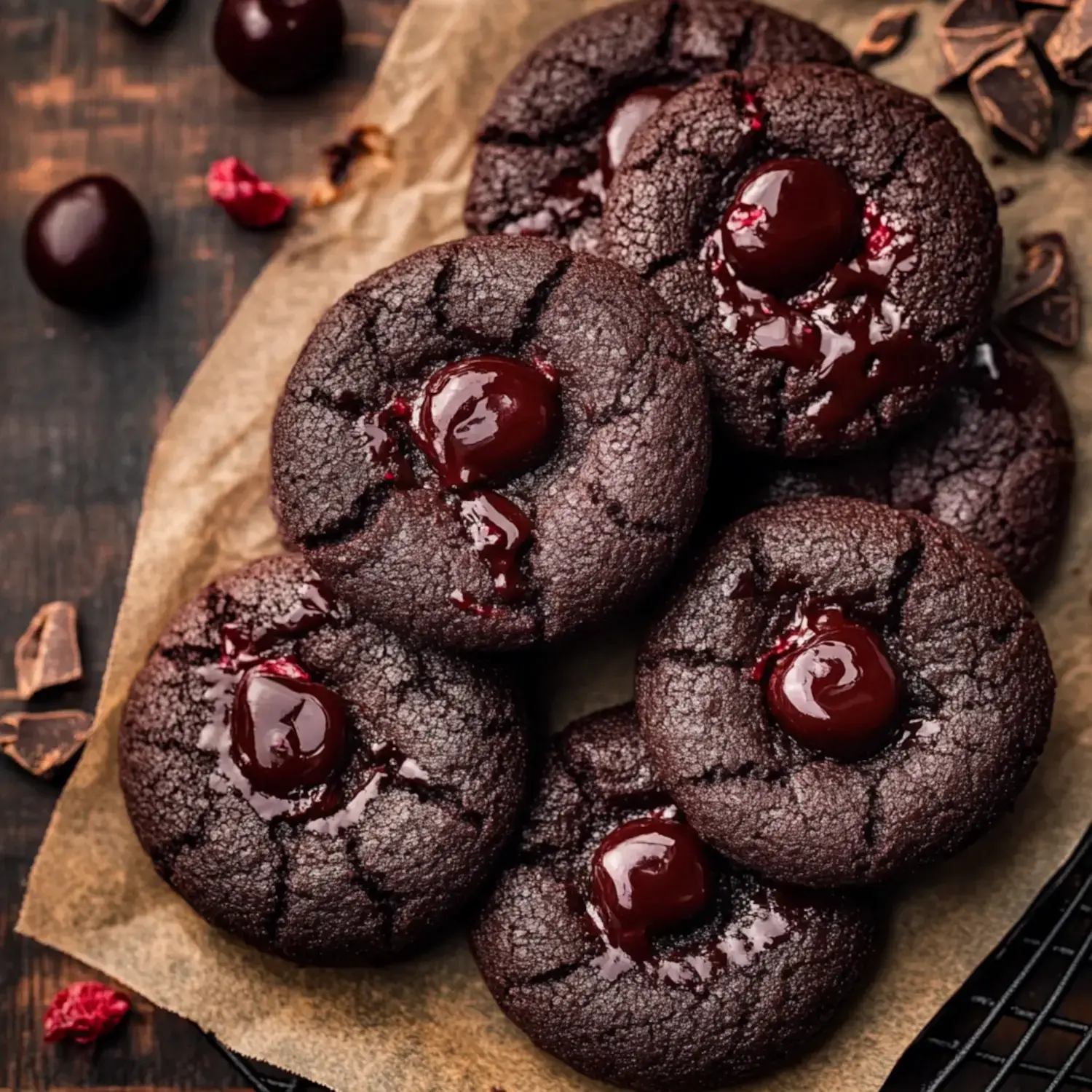 A close-up of dark chocolate cookies topped with glossy cherry filling, arranged on a sheet of parchment paper.