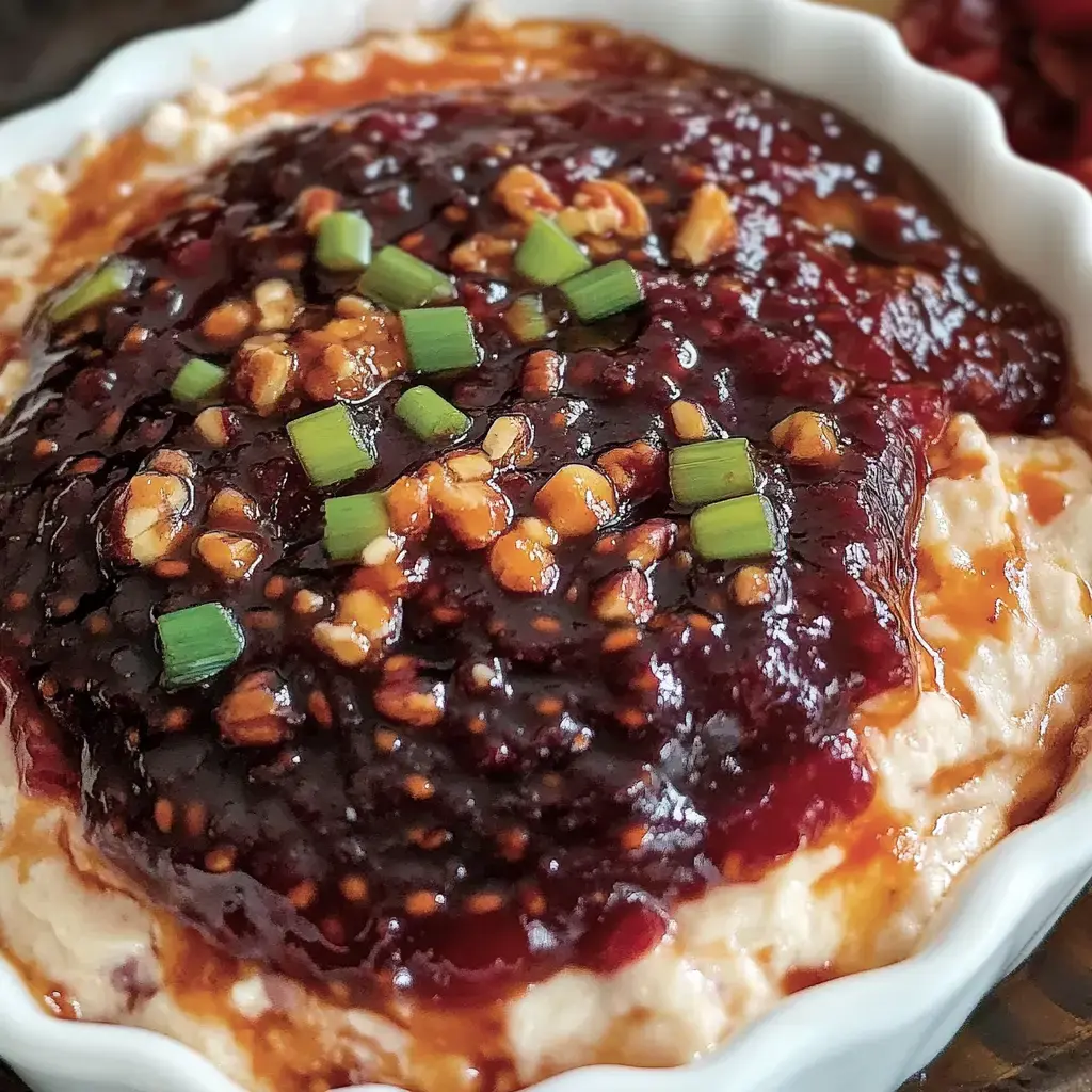 A close-up of a dish featuring hummus topped with a dark sauce, sprinkled with chopped green onions and nuts.