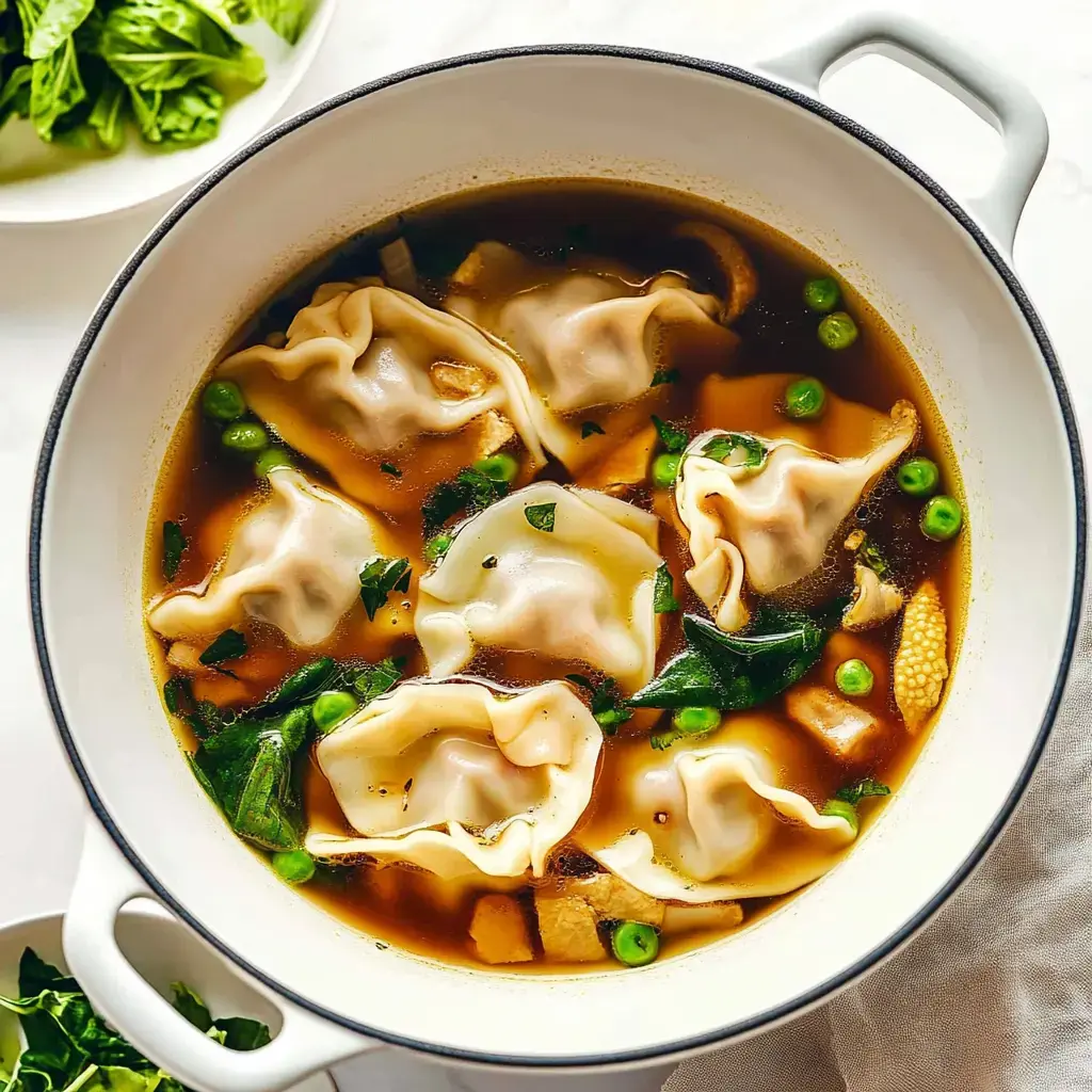 A bowl of broth filled with dumplings, green peas, and leafy greens.