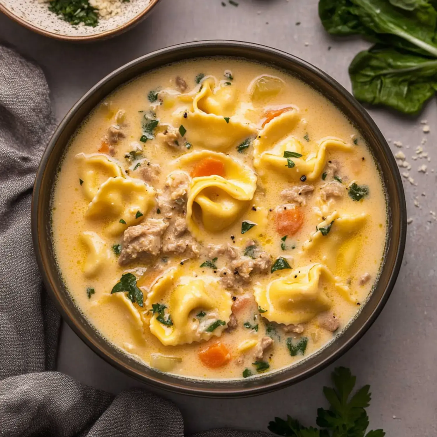 A bowl of creamy tortellini soup with meat and vegetables, garnished with fresh herbs.