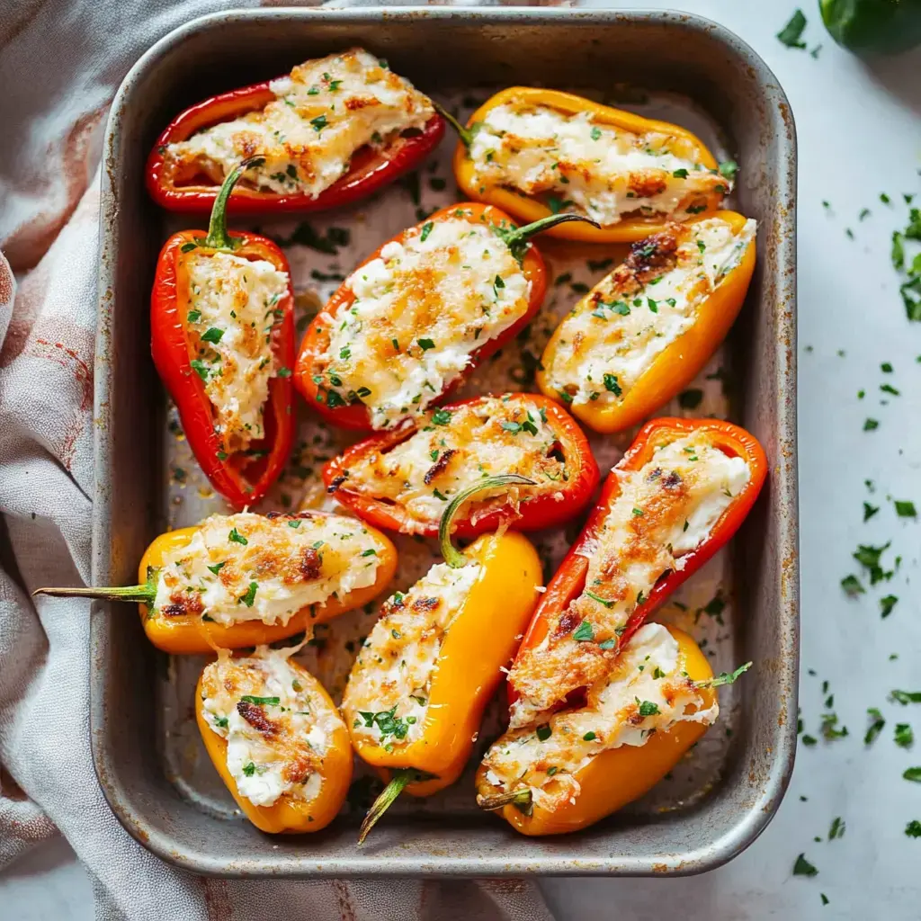 A tray of stuffed mini bell peppers, filled with a creamy mixture and topped with crispy golden brown cheese, garnished with chopped herbs.