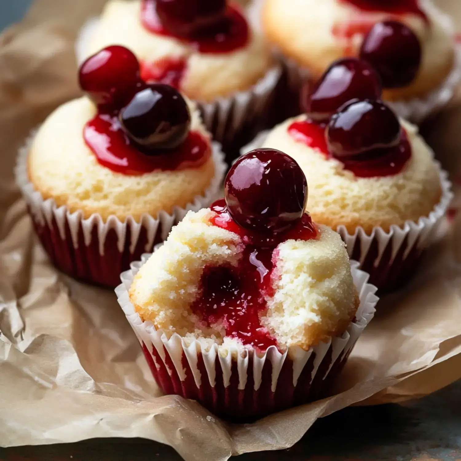 A group of cupcakes with a cherry topping and a visible filling of red fruit jam.