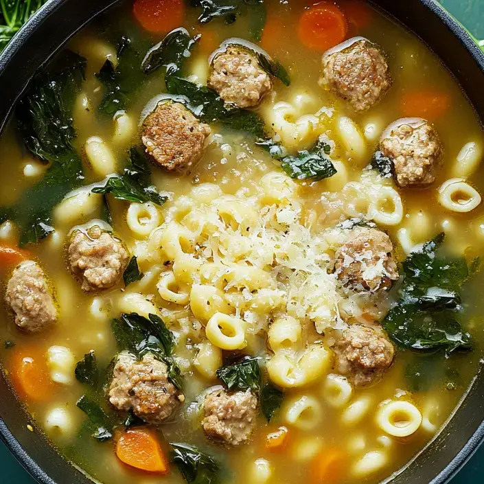 A close-up view of a bowl of pasta soup featuring meatballs, carrots, kale, and grated cheese.