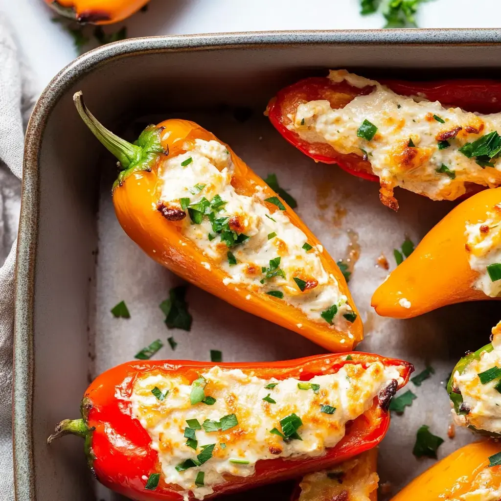 A close-up view of stuffed mini bell peppers, topped with green herbs and baked to a golden finish in a rectangular dish.