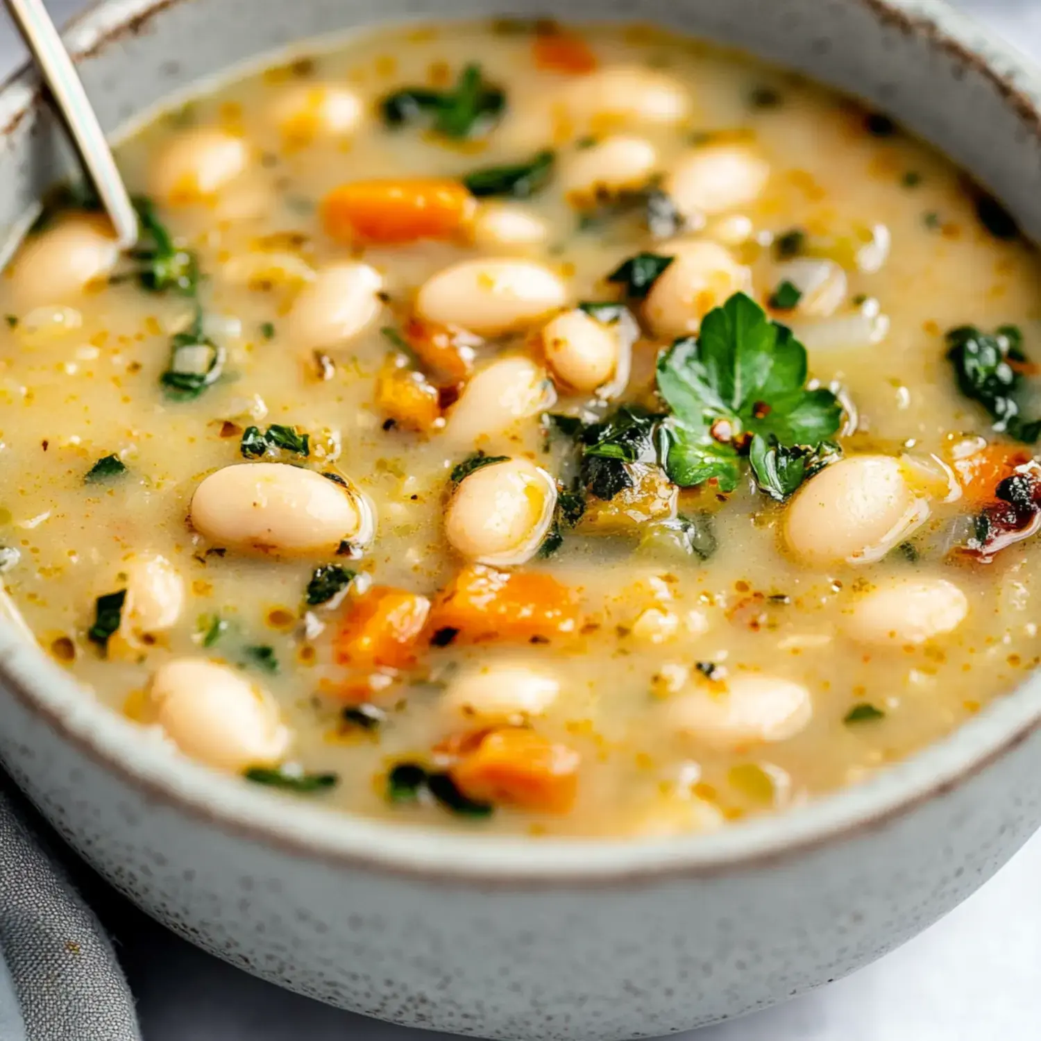 A close-up of a bowl of creamy white bean soup with greens and orange chunks, garnished with fresh parsley.