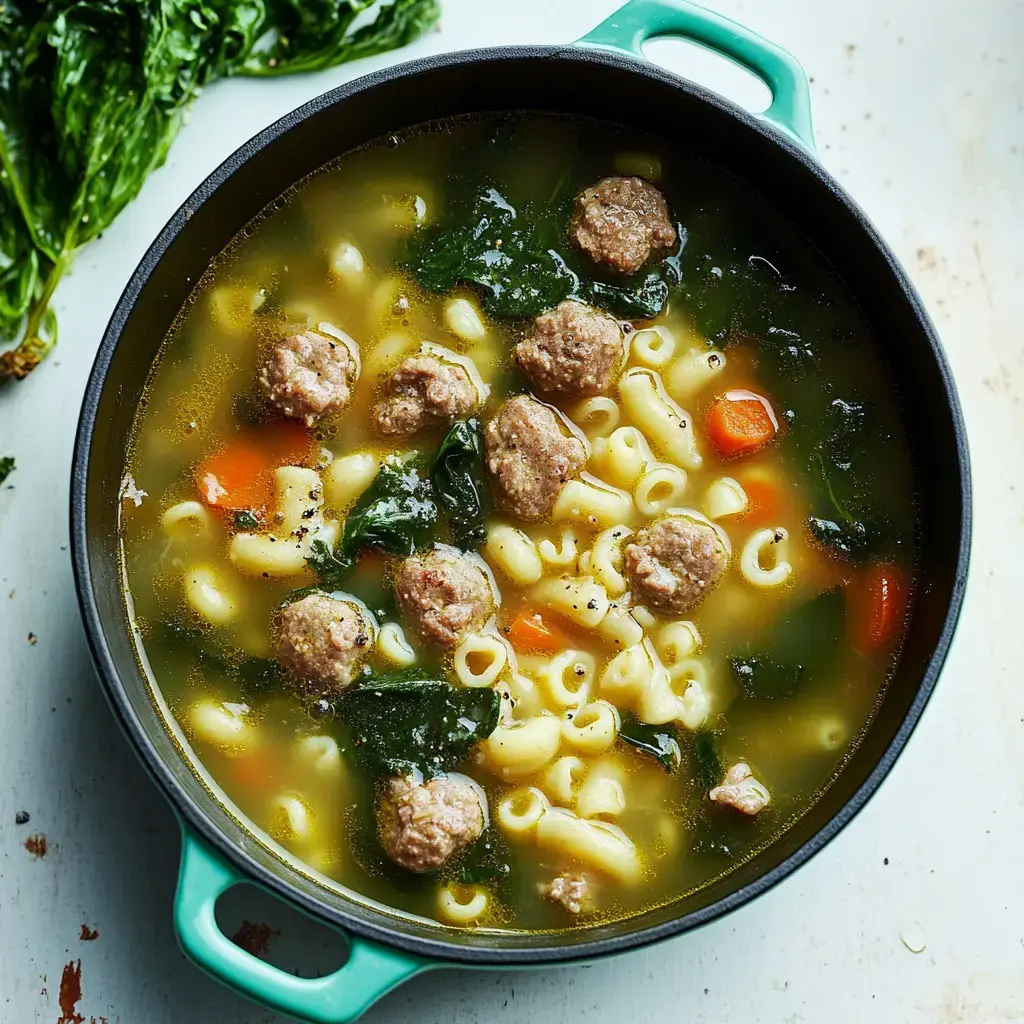 A green pot filled with a hearty soup containing meatballs, macaroni pasta, spinach, and carrots.