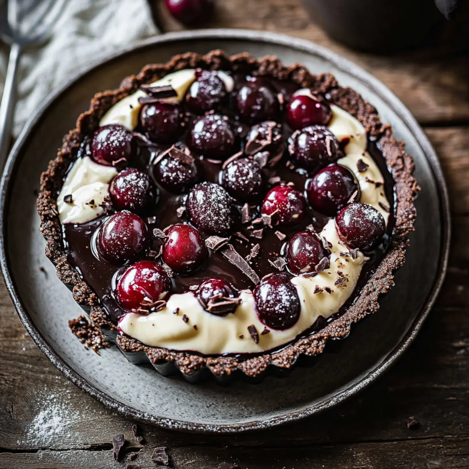 A chocolate tart topped with glossy cherries and drizzled with creamy filling sits on a rustic plate.