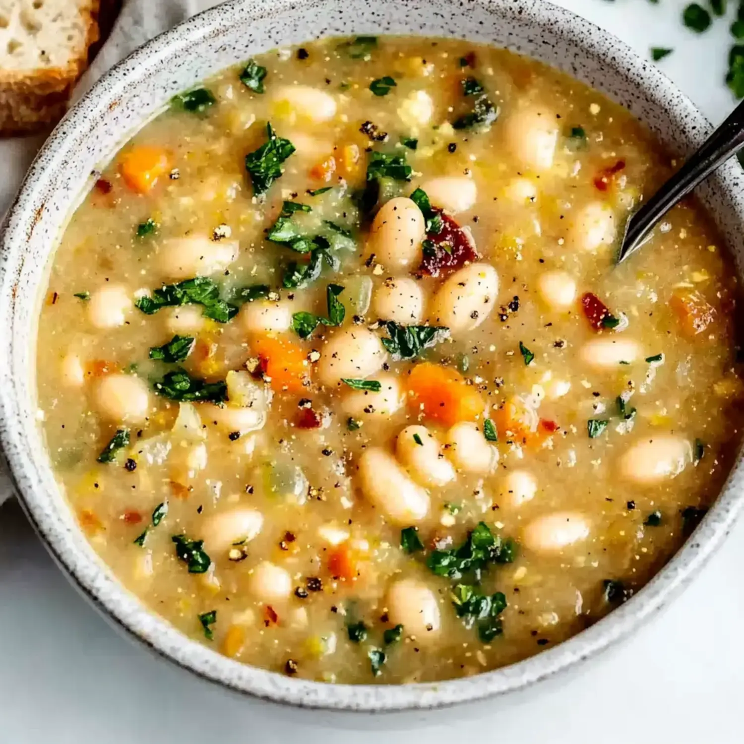 A bowl of white bean soup garnished with chopped parsley and mixed vegetables, alongside a slice of bread.