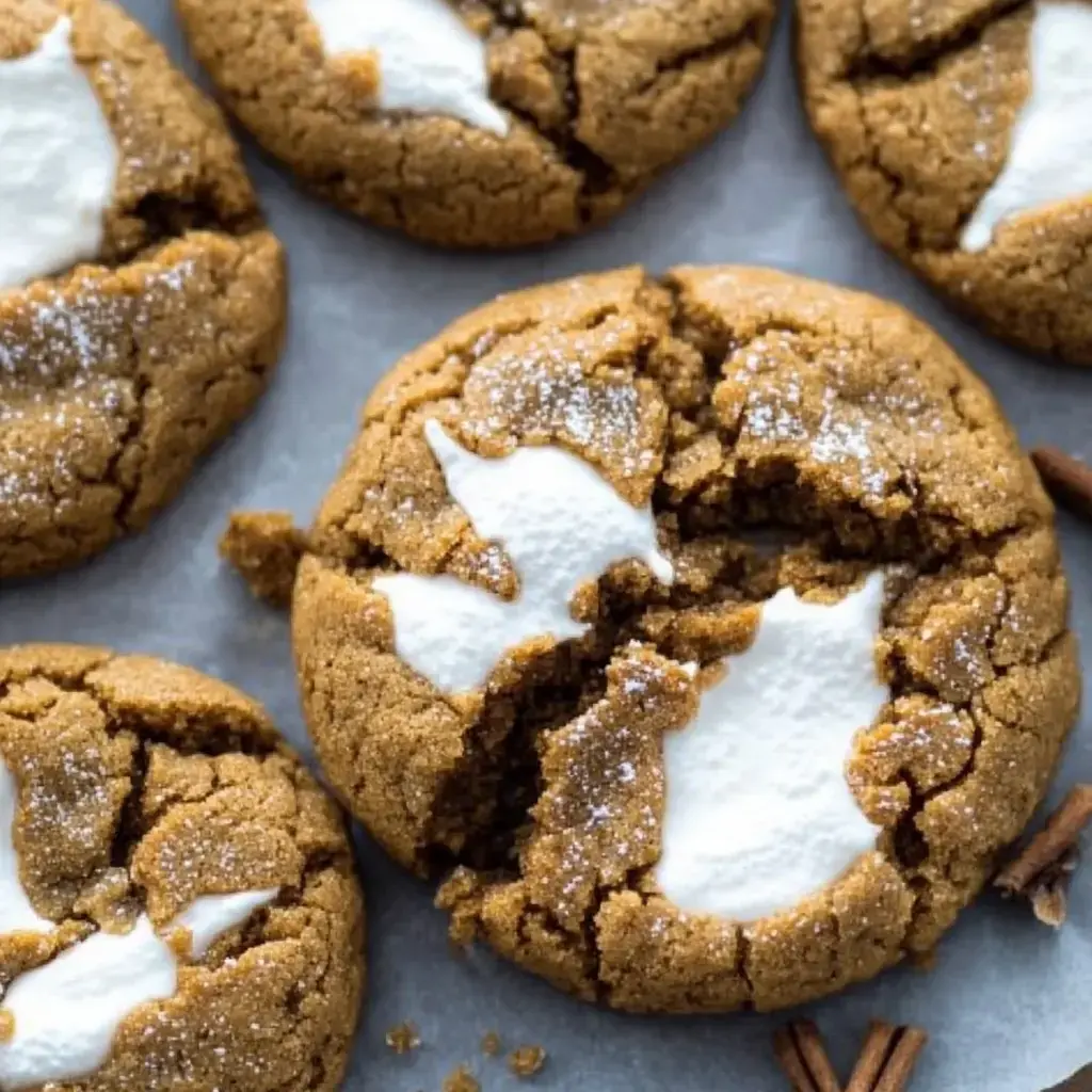 Six freshly baked cookies featuring a cracked surface with white marshmallow filling, sprinkled with powdered sugar and surrounded by cinnamon sticks.