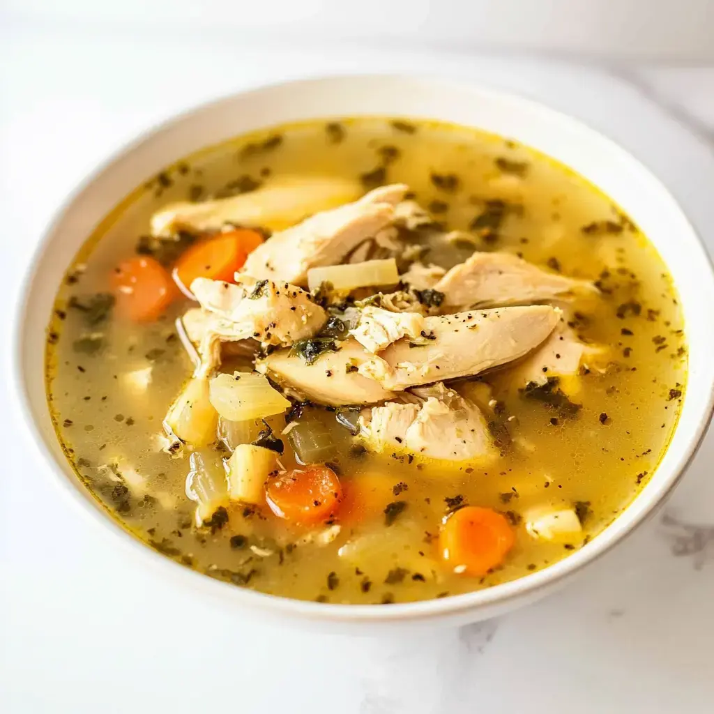 A bowl of chicken soup featuring tender chicken pieces, carrots, celery, and herbs in a flavorful broth.