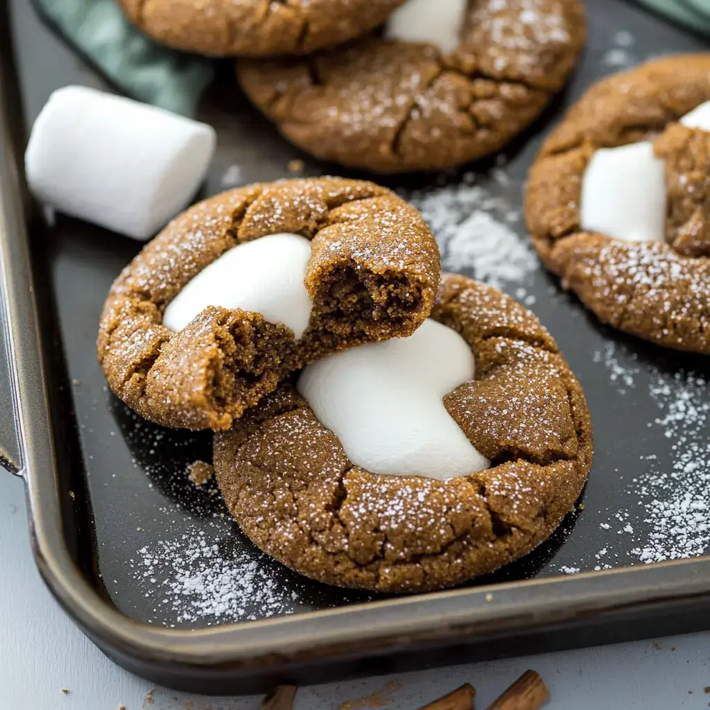 A close-up of freshly baked ginger cookies topped with a marshmallow, dusted with powdered sugar, on a baking tray.