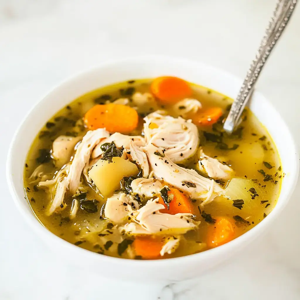 A bowl of chicken soup featuring shredded chicken, carrots, potatoes, and herbs in a savory broth.