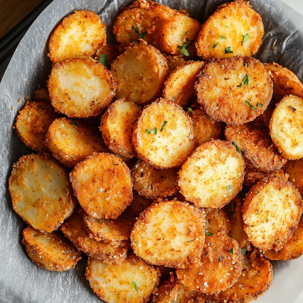 A close-up of a pile of golden-brown, crispy fried potato slices garnished with green herbs.