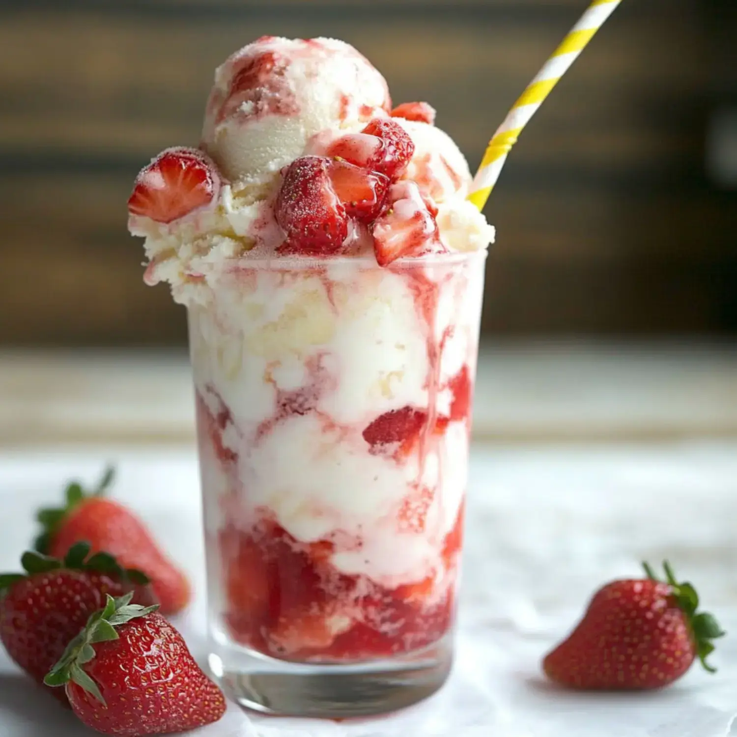 A tall glass filled with strawberry ice cream and fresh strawberries, topped with scoops of vanilla ice cream and a striped straw.