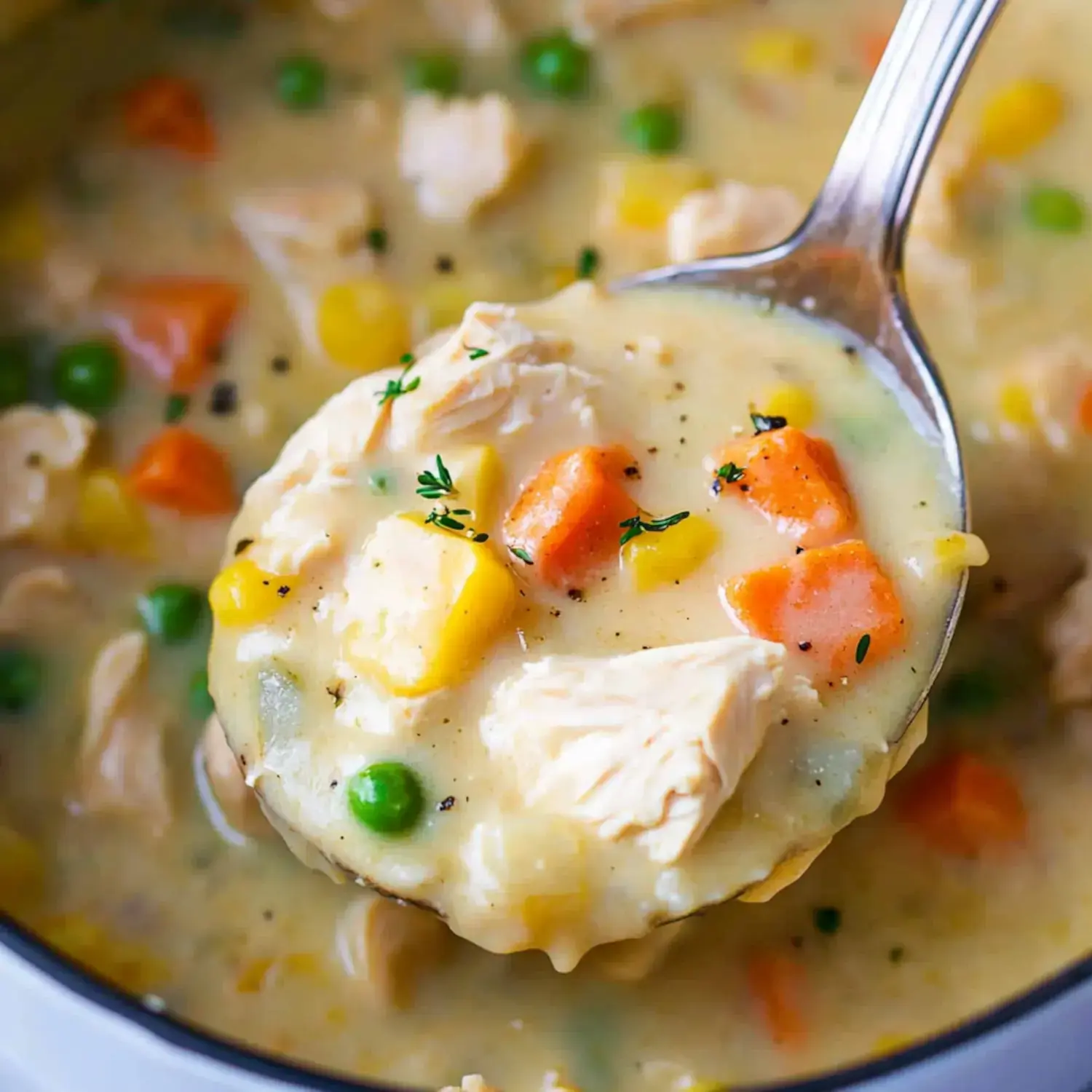 A spoonful of creamy chicken soup with mixed vegetables, including carrots, peas, and corn.