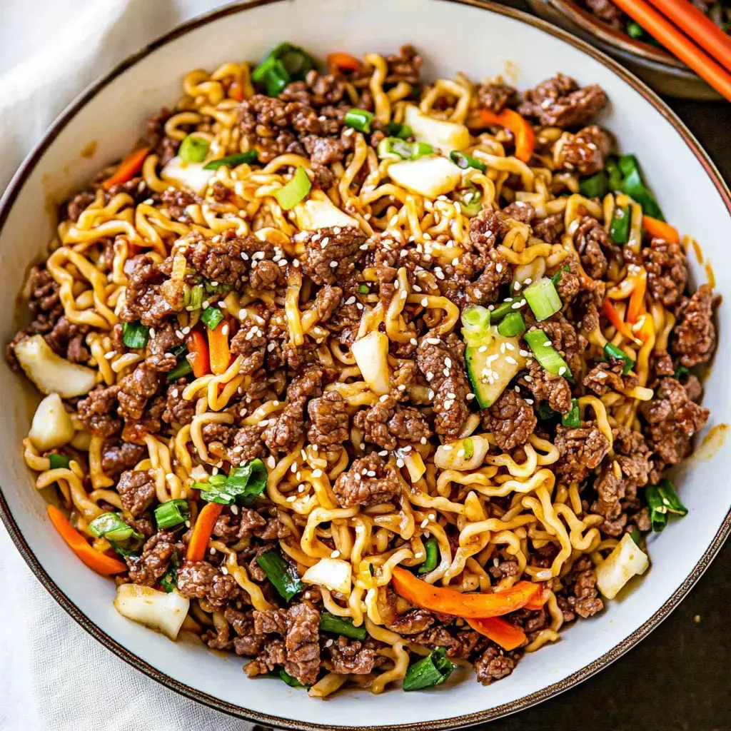 A bowl of stir-fried noodles mixed with ground beef, sesame seeds, green onions, and colorful vegetables.