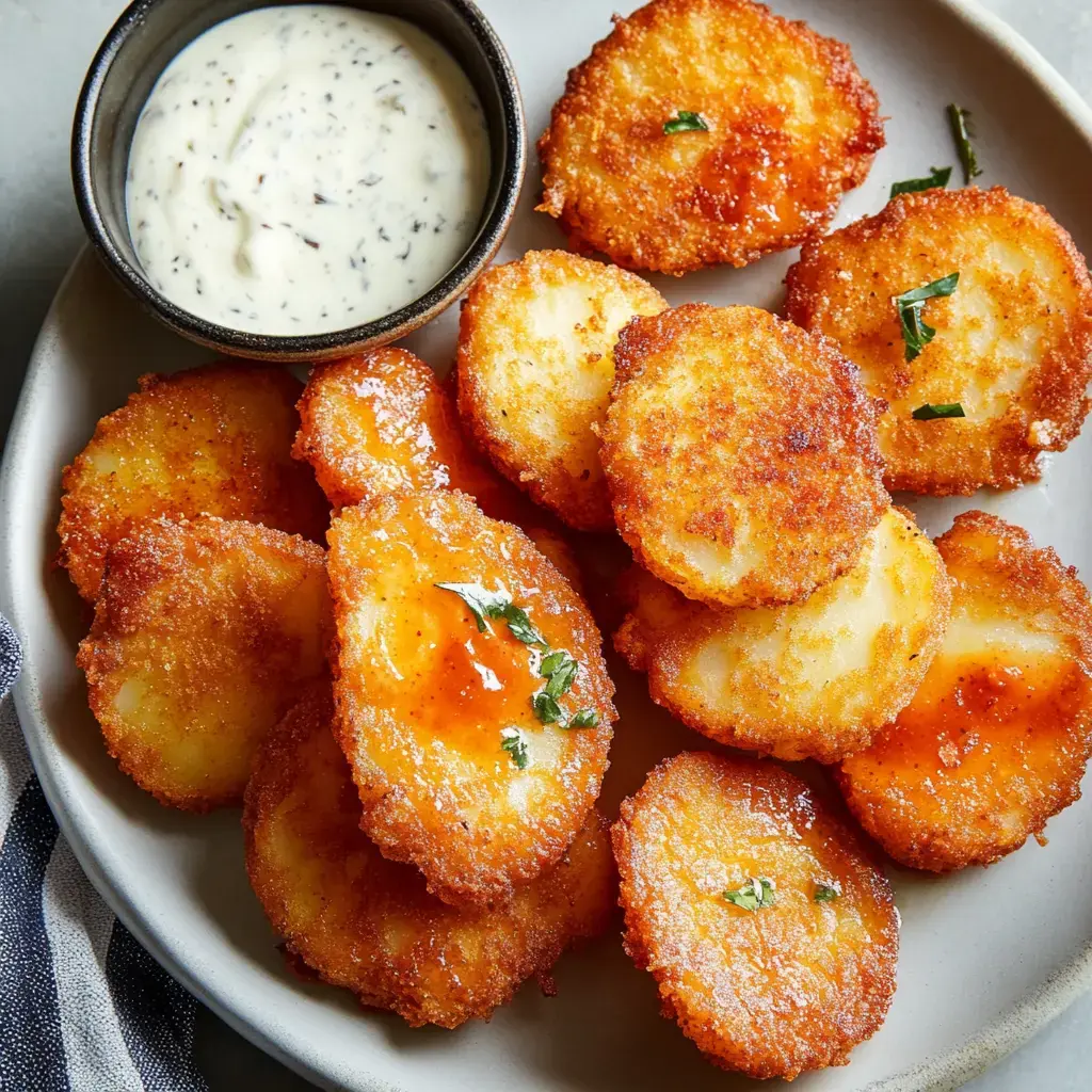 A plate of golden-brown, fried potato slices garnished with herbs, accompanied by a small bowl of dipping sauce.