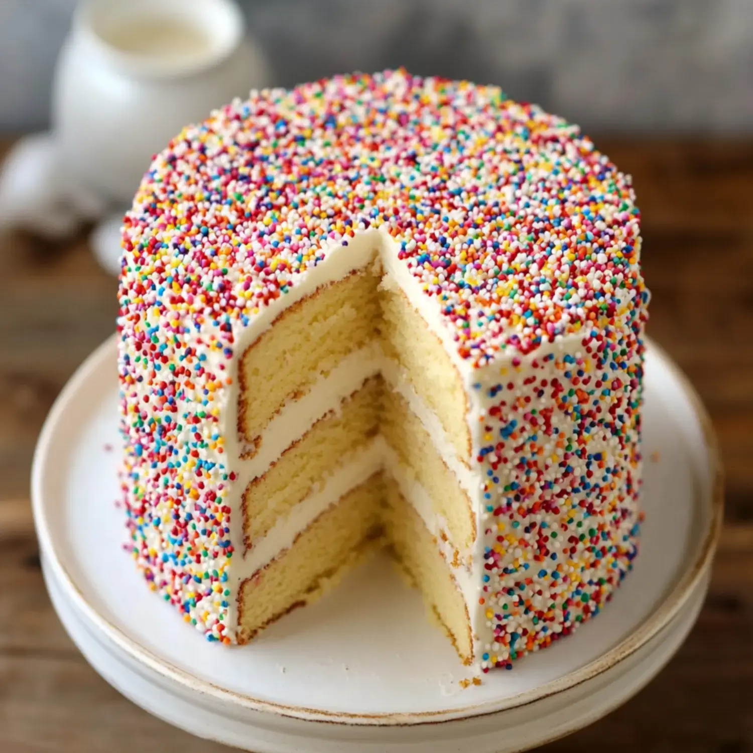 A layered yellow cake with white frosting and colorful sprinkles, partially sliced to reveal the layers inside.