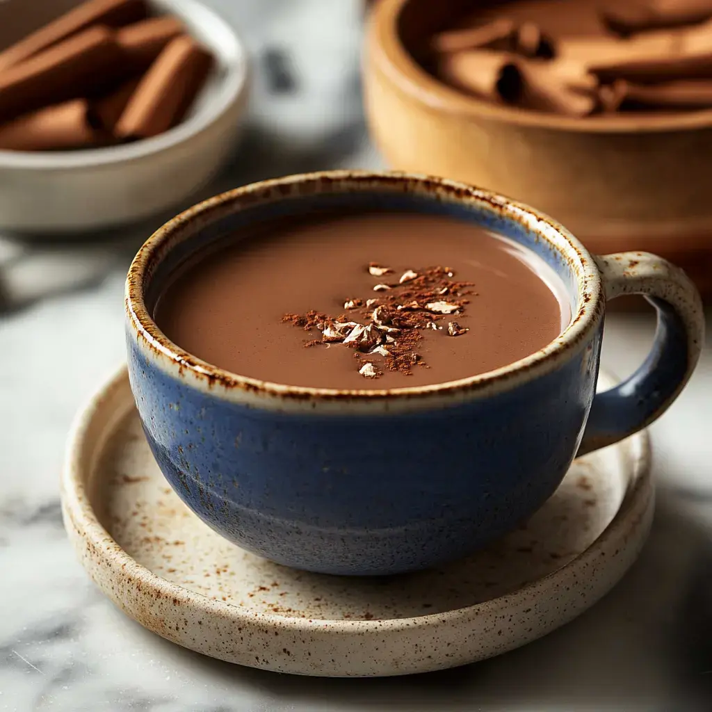 A blue ceramic cup filled with hot chocolate sits on a textured plate, with a sprinkle of cocoa on top and cinnamon sticks in the background.