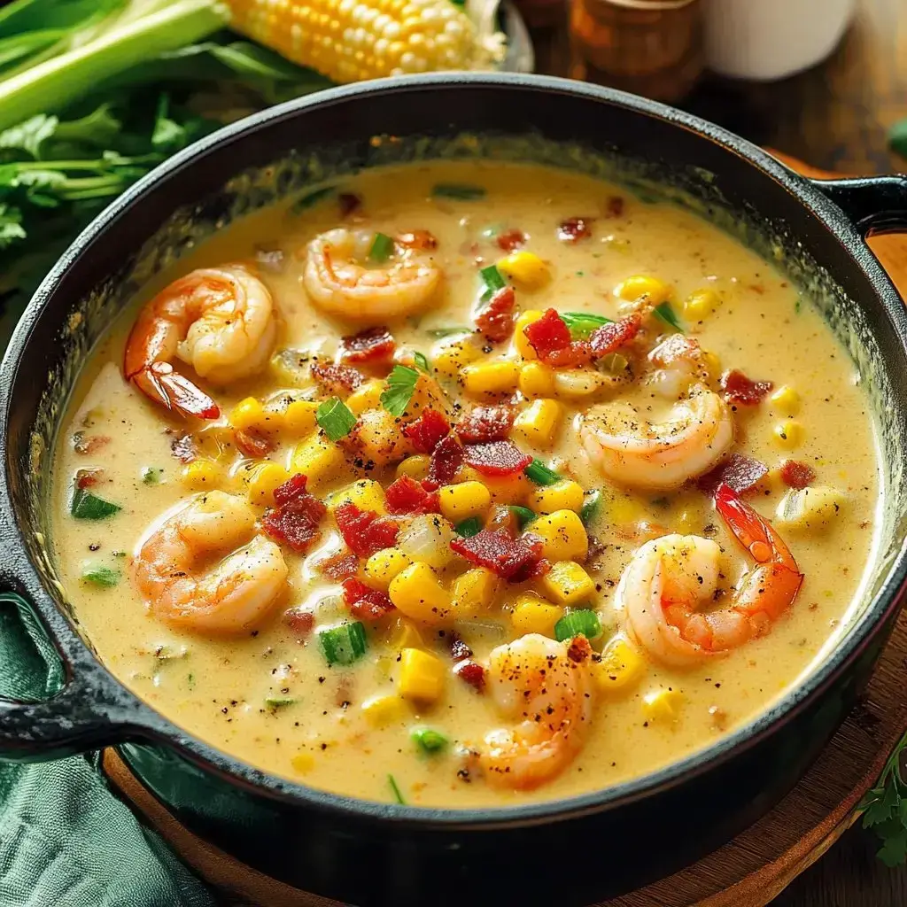 A black pot filled with creamy shrimp and corn chowder, garnished with bits of bacon and green onions, surrounded by fresh corn and celery.