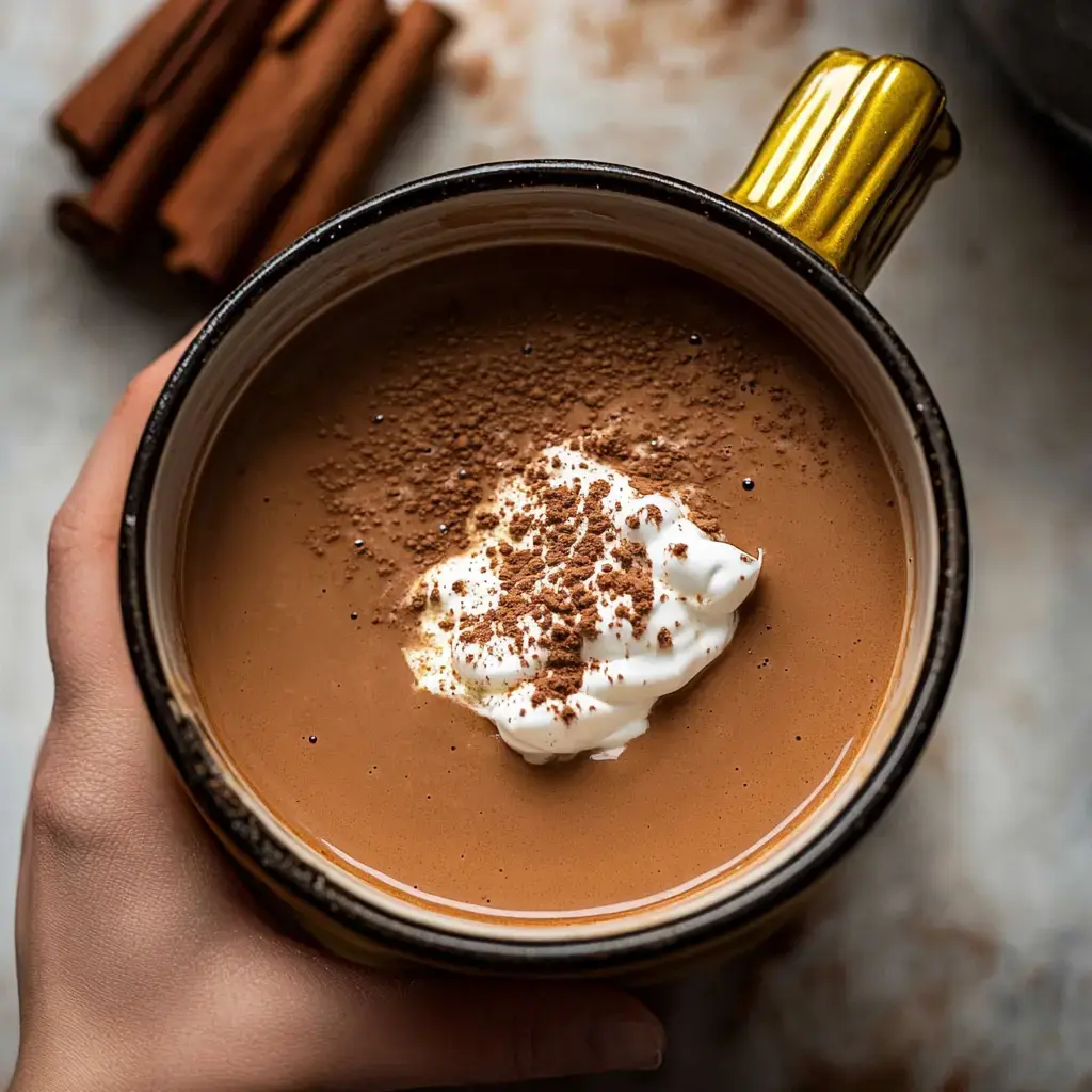 A hand holds a mug of hot chocolate topped with whipped cream and cocoa powder, set against a blurred background with cinnamon sticks.