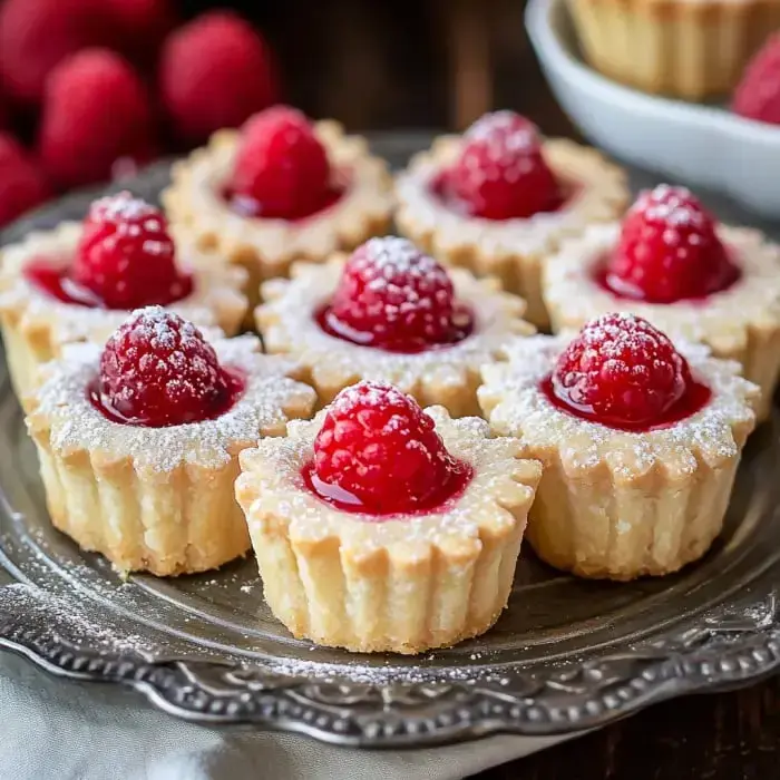 A tray of mini raspberry tarts dusted with powdered sugar, featuring glossy raspberry filling and topped with fresh raspberries.