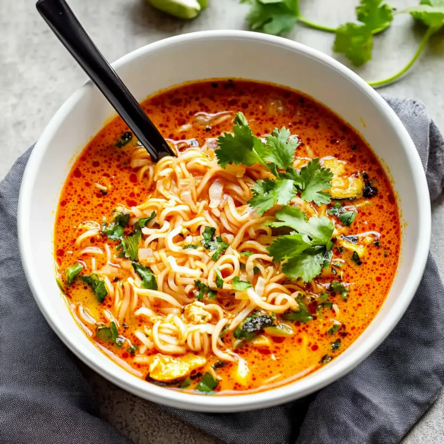 A bowl of spicy noodle soup topped with fresh cilantro and a black spoon, set on a gray cloth.