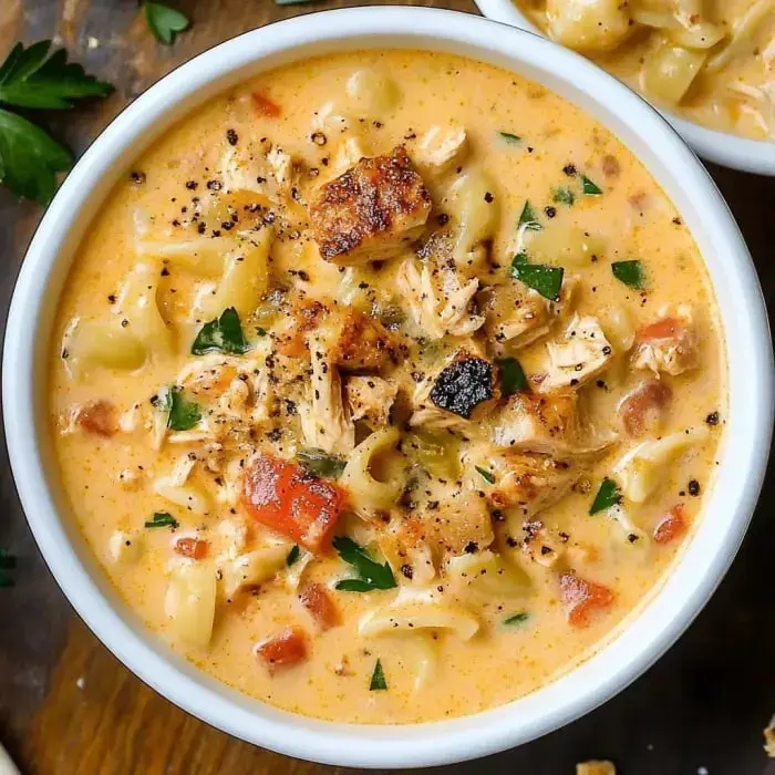 A creamy chicken noodle soup with vegetables and croutons served in a white bowl.