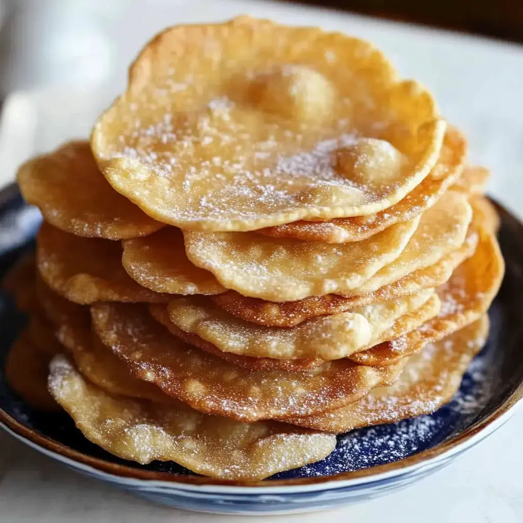 A plate stacked with golden, round fried pastries dusted with powdered sugar.