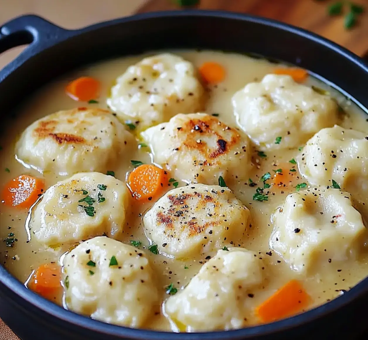 A black pot filled with savory dumplings in a creamy broth, garnished with carrots and herbs.