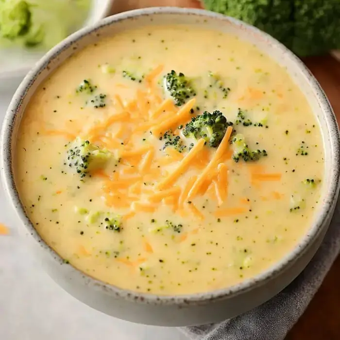 A bowl of creamy broccoli cheddar soup topped with broccoli florets and shredded cheddar cheese.