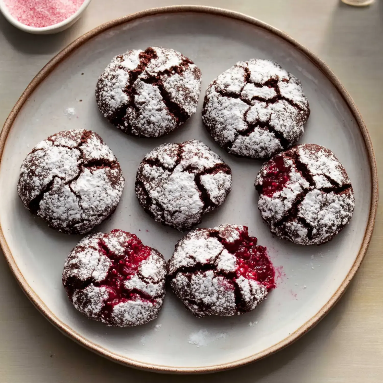 A plate of chocolate cookies dusted with powdered sugar, revealing a bright red filling on some of them.