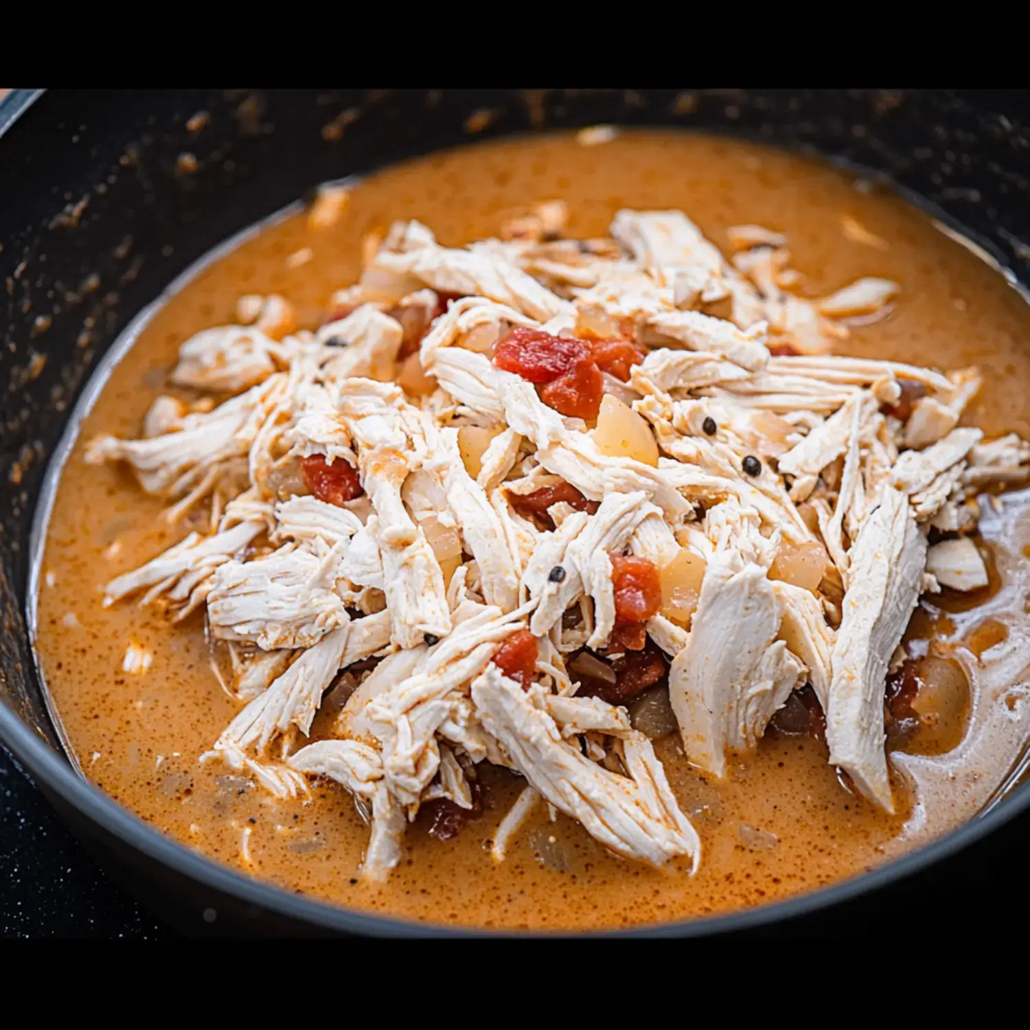 A close-up of shredded chicken in a savory sauce with diced tomatoes in a black bowl.