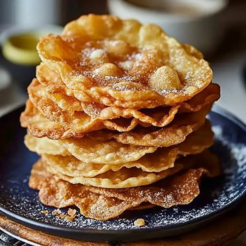 A stack of golden, crispy pastries dusted with powdered sugar on a dark plate.