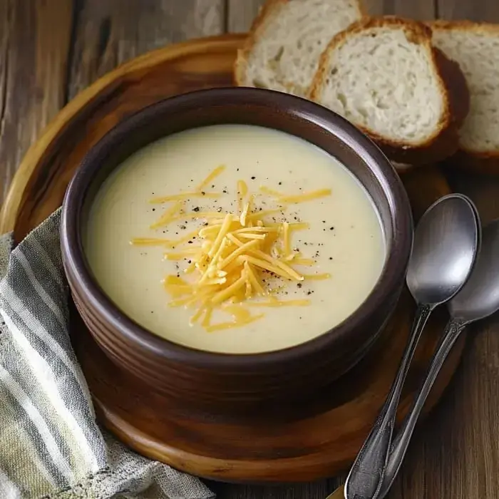 A bowl of creamy cheese soup topped with shredded cheese and black pepper, accompanied by slices of bread and stainless steel spoons on a wooden table.